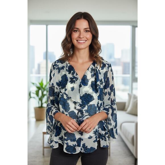 Curations Blue Floral Blouse Sz XS Bell Sleeve V-Neck Top Lined Layered Tank - Picture 1 of 8